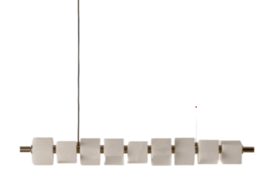A modern linear pendant light featuring multiple rectangular segments of translucent white stone, likely alabaster or marble, connected by a slender horizontal brass rod. The light is suspended from above by a single, dark-colored suspension wire, creating a clean, minimalist aesthetic. — 3D model