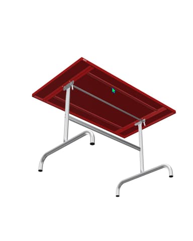 A rectangular table with a vibrant red tabletop and a silver-colored metal base. The base consists of two U-shaped legs connected by a horizontal support bar, offering a modern and minimalist aesthetic. A small rectangular logo is visible on the underside of the tabletop. — 3D model