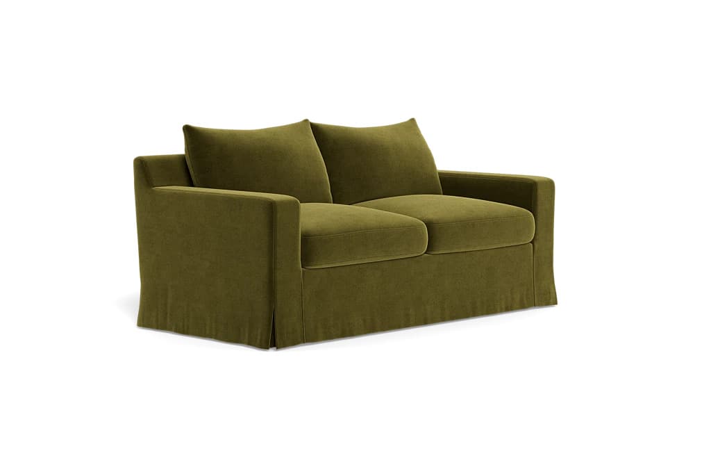 A contemporary two-seater sofa, also known as a loveseat, upholstered in a soft olive green fabric. It features a full skirted base that extends to the floor, clean square track arms, and includes two loose back cushions and two seat cushions. — 3D model