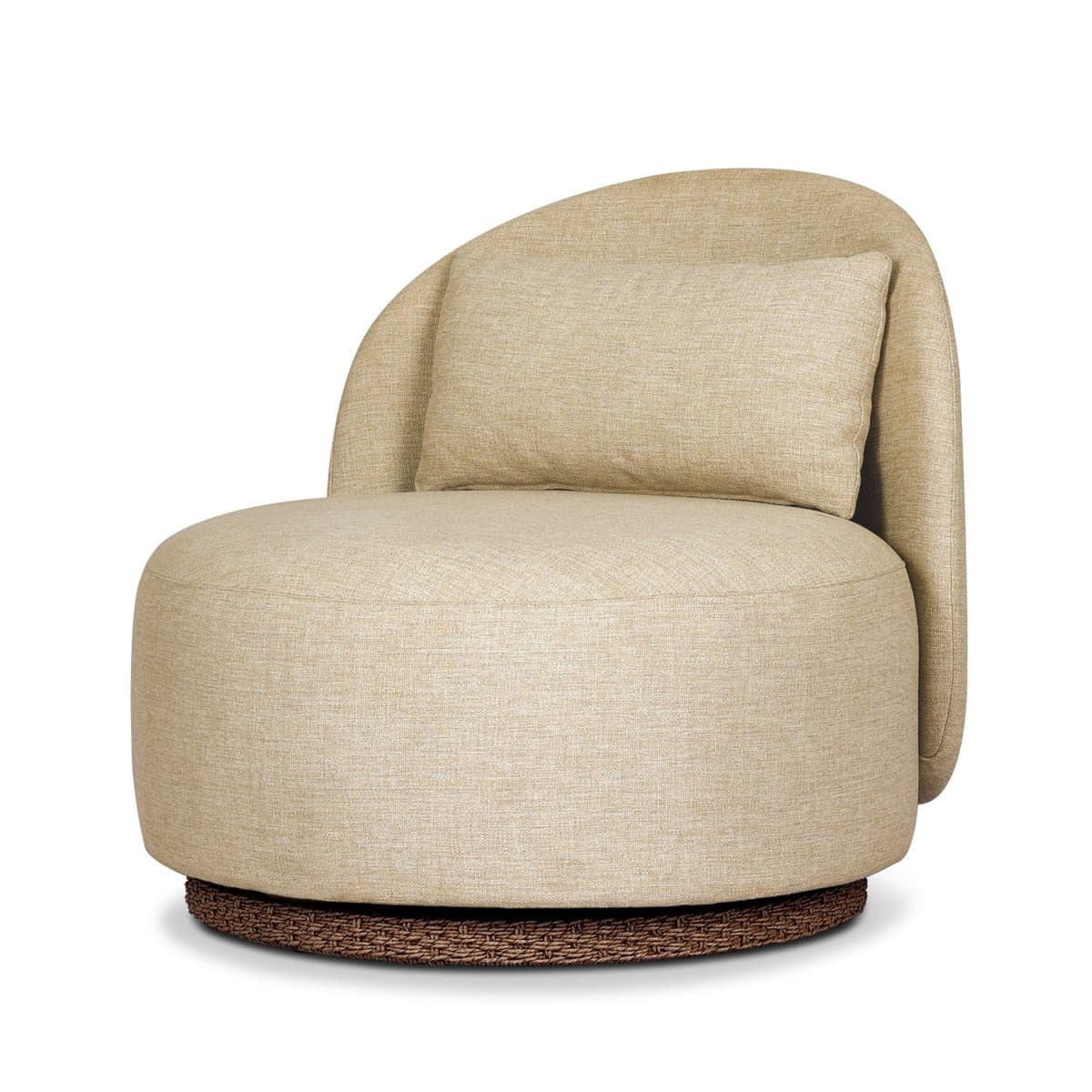 An upholstered lounge chair featuring a contemporary rounded form, covered in a light beige textured fabric, with a contrasting dark woven rattan or wicker swivel base. It includes a matching rectangular lumbar pillow. — 3D model