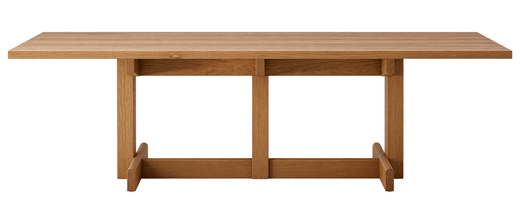 A rectangular dining table made entirely of solid wood, featuring a thick tabletop and a sturdy trestle-style base with two H-shaped leg structures connected by a central stretcher. — 3D model