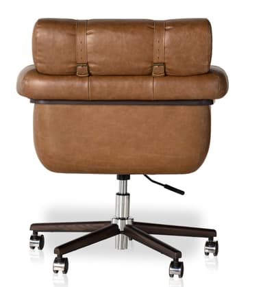 A brown leather desk chair with a tufted seat and backrest, featuring a cushioned headrest and padded armrests. The chair has a five-star base with casters for mobility and a gas lift mechanism for height adjustment. — 3D model