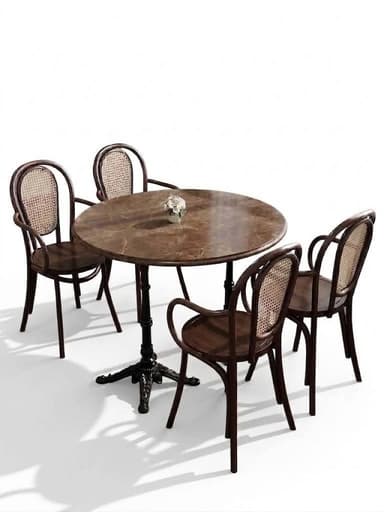A classic style dining set featuring a round table with a dark brown marble top and a black cast iron pedestal base, paired with four dark bentwood chairs with woven cane backrests. Two chairs include armrests, while two are armless. — 3D model