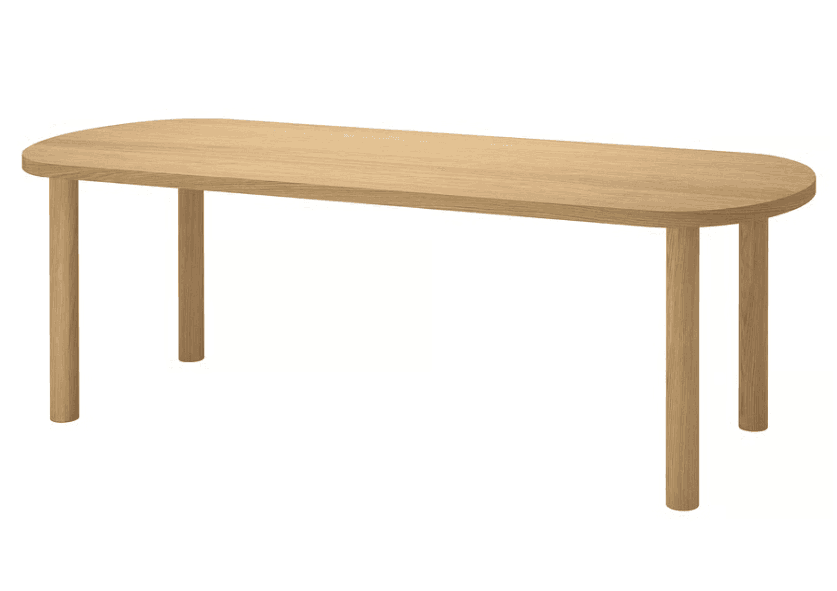 A rectangular dining table with rounded corners and four cylindrical legs. The table has a light wood finish. — 3D model