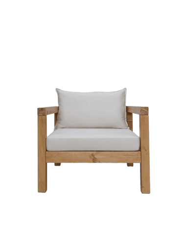 A wooden armchair with white cushions. The frame is constructed from thick, natural-toned wooden beams. It features a wide seat and backrest, both upholstered with thick white cushions. A lumbar pillow is also present on the backrest. The design appears robust and suitable for outdoor or rustic indoor settings. — 3D model