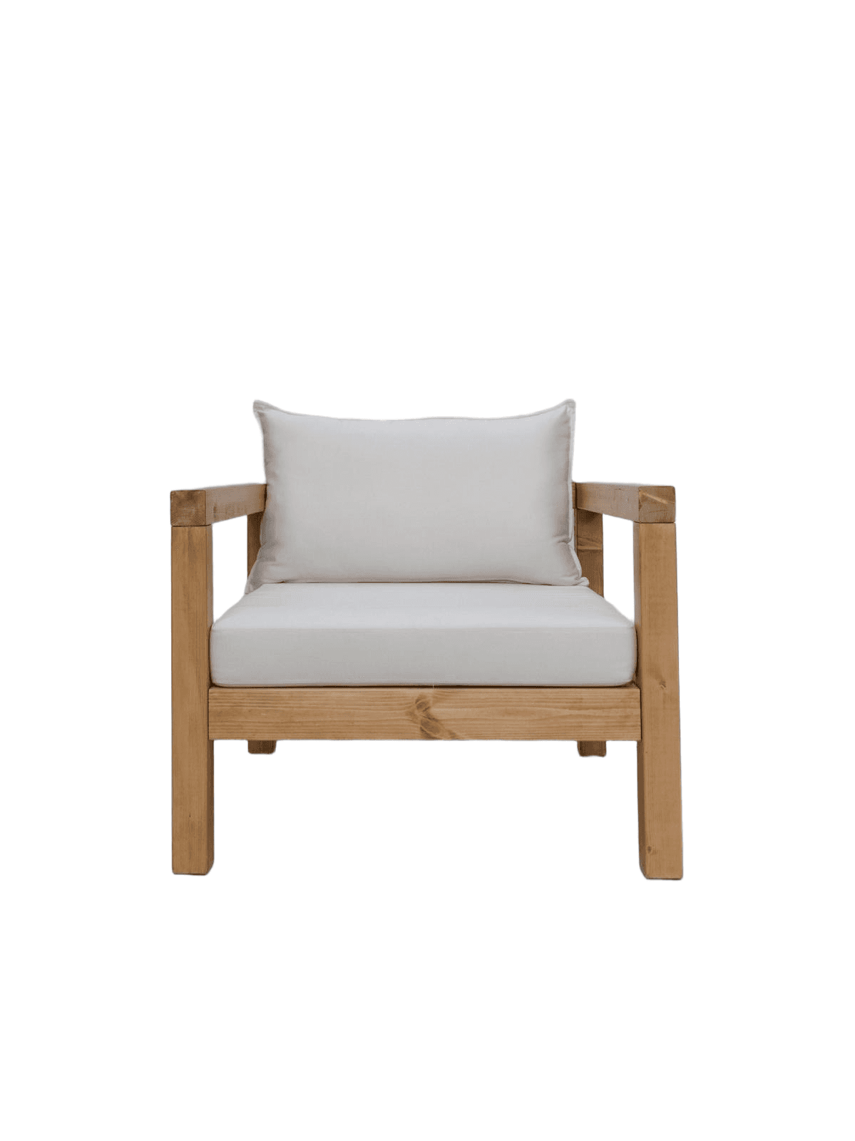 A wooden armchair with white cushions. The frame is constructed from thick, natural-toned wooden beams. It features a wide seat and backrest, both upholstered with thick white cushions. A lumbar pillow is also present on the backrest. The design appears robust and suitable for outdoor or rustic indoor settings. — 3D model