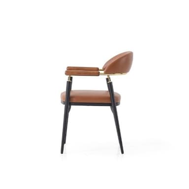 A contemporary armchair featuring a sleek design with a curved backrest and seat, upholstered in tan leather. It rests on slender, tapered black metal legs and includes wooden armrest caps connected by polished brass accent rods. — 3D model