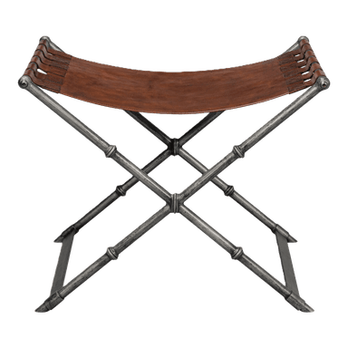 A folding stool featuring an X-shaped metal frame and a sling seat crafted from brown leather. The metal frame displays an aged, silver-toned finish with subtle decorative turnings. The leather seat is secured to the frame with leather straps and visible cross-stitching. — 3D model