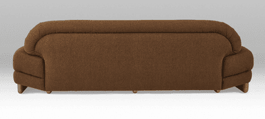 A sectional sofa with a rounded armrest on the left and a chaise lounge extending to the right. The upholstery is a textured brown fabric, and it sits on a light-colored wooden base. The sofa features plush cushioning. — 3D model
