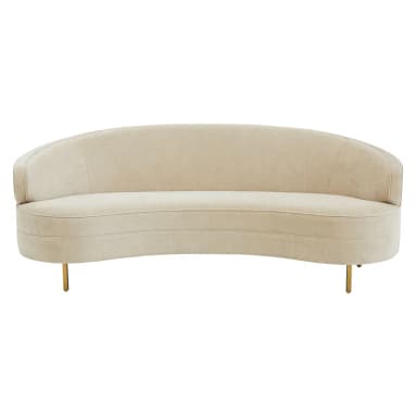 A contemporary curved sofa, viewed from the back, featuring a continuous rounded silhouette. It is upholstered in a light, neutral-toned fabric, possibly a boucle or similar textured material. The sofa is supported by four slender, tapered metal legs with a brass or gold finish, providing a minimalist and elegant foundation. — 3D model