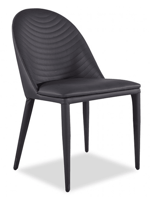 A contemporary armless dining chair featuring a dark gray upholstered seat and a curved backrest with distinctive wave-like stitching, supported by four slender, tapered legs. — 3D model