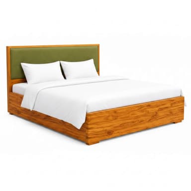 A modern platform bed featuring a substantial wooden frame with prominent grain and an integrated headboard upholstered in a deep green fabric. The bed is prepared with white bedding and two matching white pillows, presented against a clean white background. — 3D model