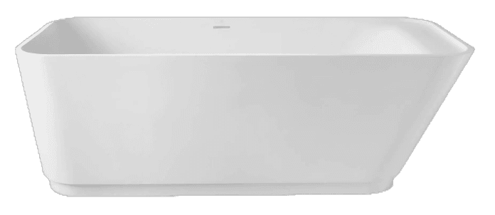 A freestanding bathtub with a modern, minimalist design. The tub has a rectangular opening with softly rounded corners and trapezoidal sides that taper outwards towards the base. The exterior presents a clean, seamless finish. — 3D model
