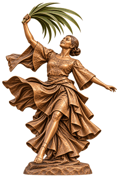 A highly detailed bronze sculpture depicting a woman in a dynamic dancing pose, holding fanned palm fronds aloft. The figure's dress features elaborate, flowing drapery with tiered ruffles and intricate decorative borders, suggesting movement and elegance. Her hair is styled in an updo, and her back is turned towards the viewer, emphasizing the action. The sculpture exhibits a rich, textured bronze finish with a distinctive verdigris green on the palm fronds, all resting on a textured base. — 3D model