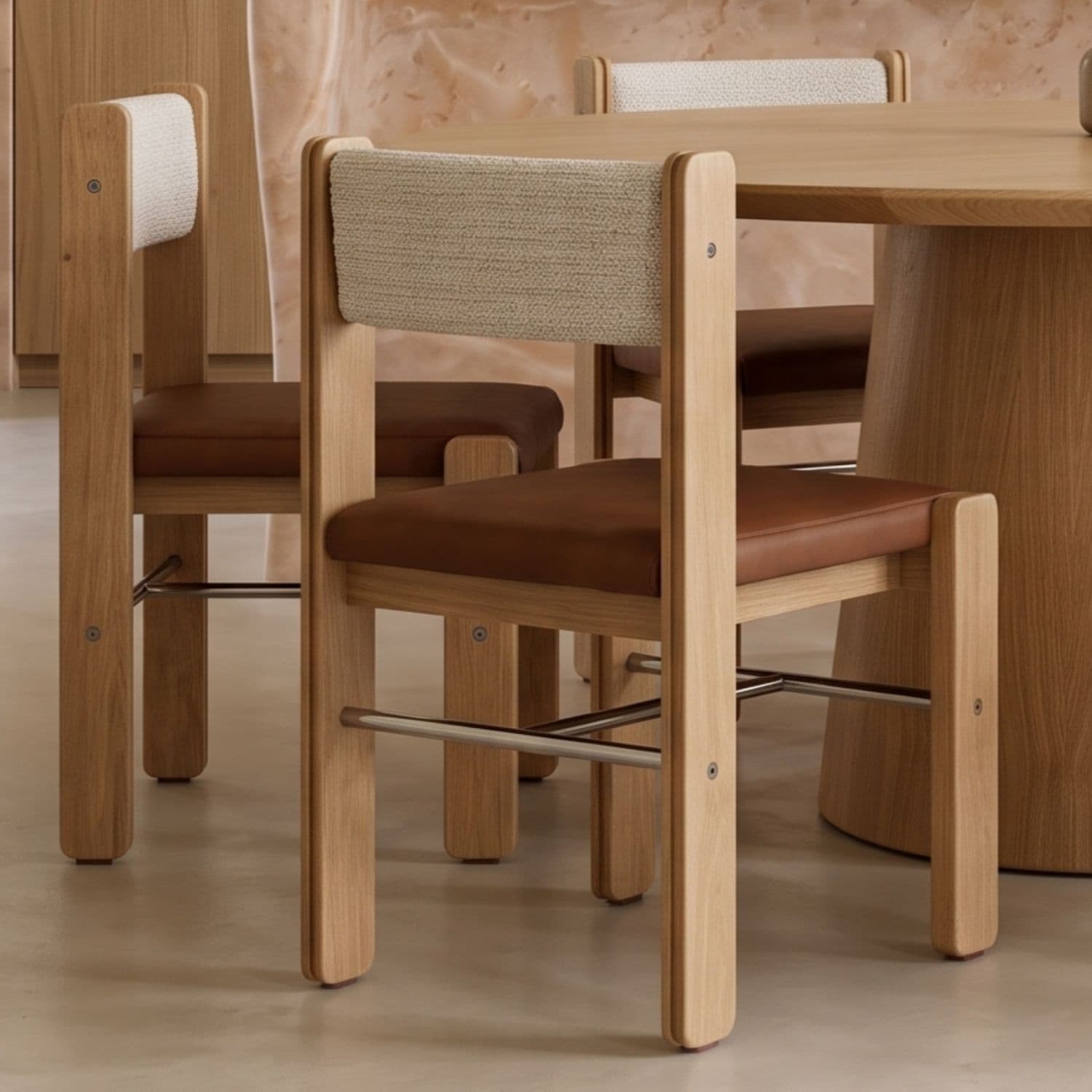 A contemporary armless chair featuring a light natural oak wood frame, a rectangular brown upholstered seat, and a light off-white woven fabric backrest. The design includes polished metal crossbars between the legs for added stability and a minimalist aesthetic. — 3D model