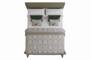 A side profile view of a bed with a fabric-covered headboard and frame. The bed is made with white sheets, layered pillows (some decorative with dark green and patterned covers), and a decorative throw blanket with a damask pattern in neutral tones. The frame and headboard appear to be upholstered with a ribbed fabric. — 3D model