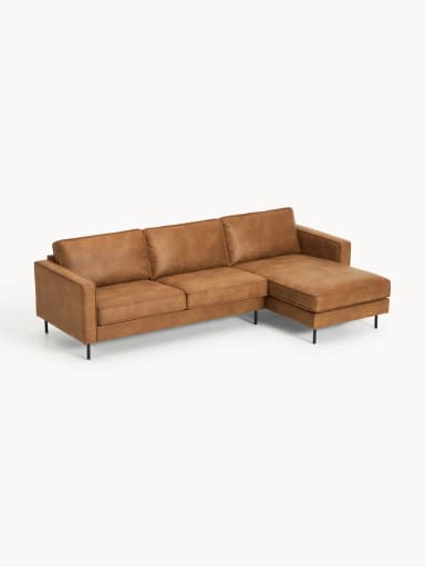 A sectional sofa with a chaise lounge extension. The sofa features a clean, modern design with a low profile and square arms. It is upholstered in a brown material that resembles leather and is supported by slim, black metal legs. — 3D model