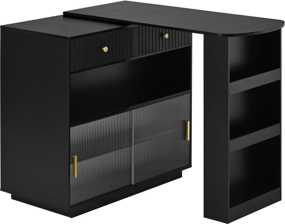 A black cabinet with a ribbed drawer front, ribbed glass cabinet doors, and an attached extended surface that forms a bookshelf on one side. It features brass hardware on the drawer and cabinet doors. — 3D model