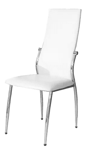 A modern armless dining chair featuring a high, slightly curved backrest and a square seat, both upholstered in clean white material, likely faux leather or vinyl. The chair stands on four slender, polished chrome legs that are slightly splayed. The backrest is supported by a curved chrome frame that extends from the lower back of the seat, giving it a sleek, contemporary appearance. The overall design emphasizes minimalist lines and a bright aesthetic. — 3D model