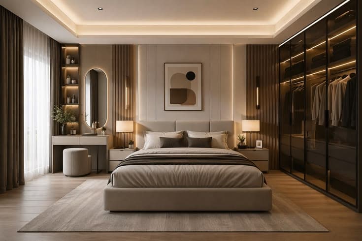 A modern upholstered platform bed featuring a tall, channel-tufted headboard and a low-profile frame. The bed is dressed with neutral-toned bedding, including pillows, a duvet, and a bed runner. — 3D model