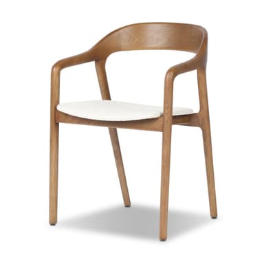 A contemporary dining armchair crafted from natural oak wood, featuring a sculpted, curved backrest and integrated armrests. The seat is upholstered in a textured ivory fabric, complementing the light wood tone. The chair stands on four straight, slightly tapered legs, providing a clean and modern aesthetic. — 3D model