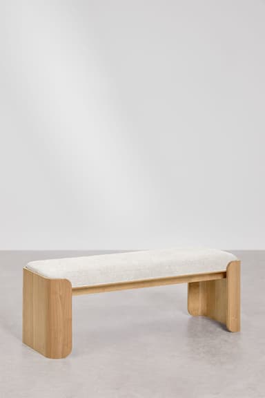 A modern bench featuring a light-colored upholstered seat and a natural wood base with a distinctive curved, waterfall-like design. — 3D model