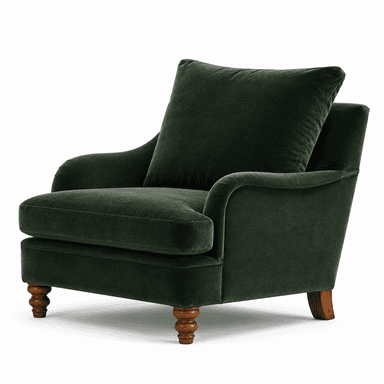 A deep green armchair upholstered in velvet fabric. The armchair features a high back, supportive armrests, and a plush seat cushion. It is complemented by a loose back pillow for added comfort. The piece stands on four turned wooden legs. — 3D model