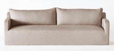 A sofa with a modern, minimalist design. It features a low profile, square arms, and two large back cushions. The upholstery appears to be a textured fabric with a neutral tone. — 3D model