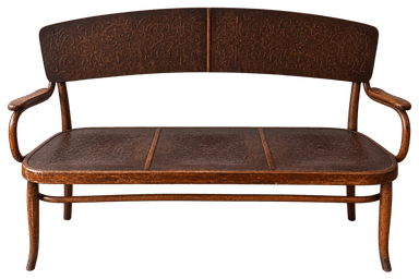 A dark brown wooden three-seater settee or bench featuring a curved bentwood frame and integrated armrests. The backrest and seat panels are adorned with ornate carved or embossed floral and scrollwork patterns, characteristic of the Art Nouveau style. — 3D model