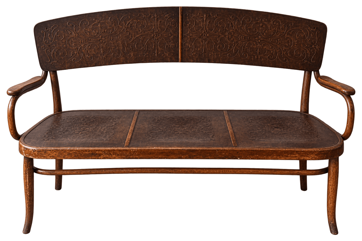 A dark brown wooden three-seater settee or bench featuring a curved bentwood frame and integrated armrests. The backrest and seat panels are adorned with ornate carved or embossed floral and scrollwork patterns, characteristic of the Art Nouveau style. — 3D model