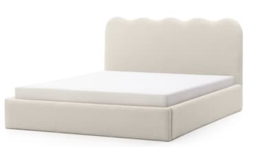 A modern upholstered platform bed featuring a distinctive scalloped headboard. The entire bed frame, including the headboard and side rails, is covered in a textured, off-white fabric, likely bouclé. The headboard presents a playful, undulating upper edge, and the mattress appears to sit recessed within the frame, indicating a platform design that does not require a box spring. The design is contemporary and minimalist, with concealed legs. — 3D model