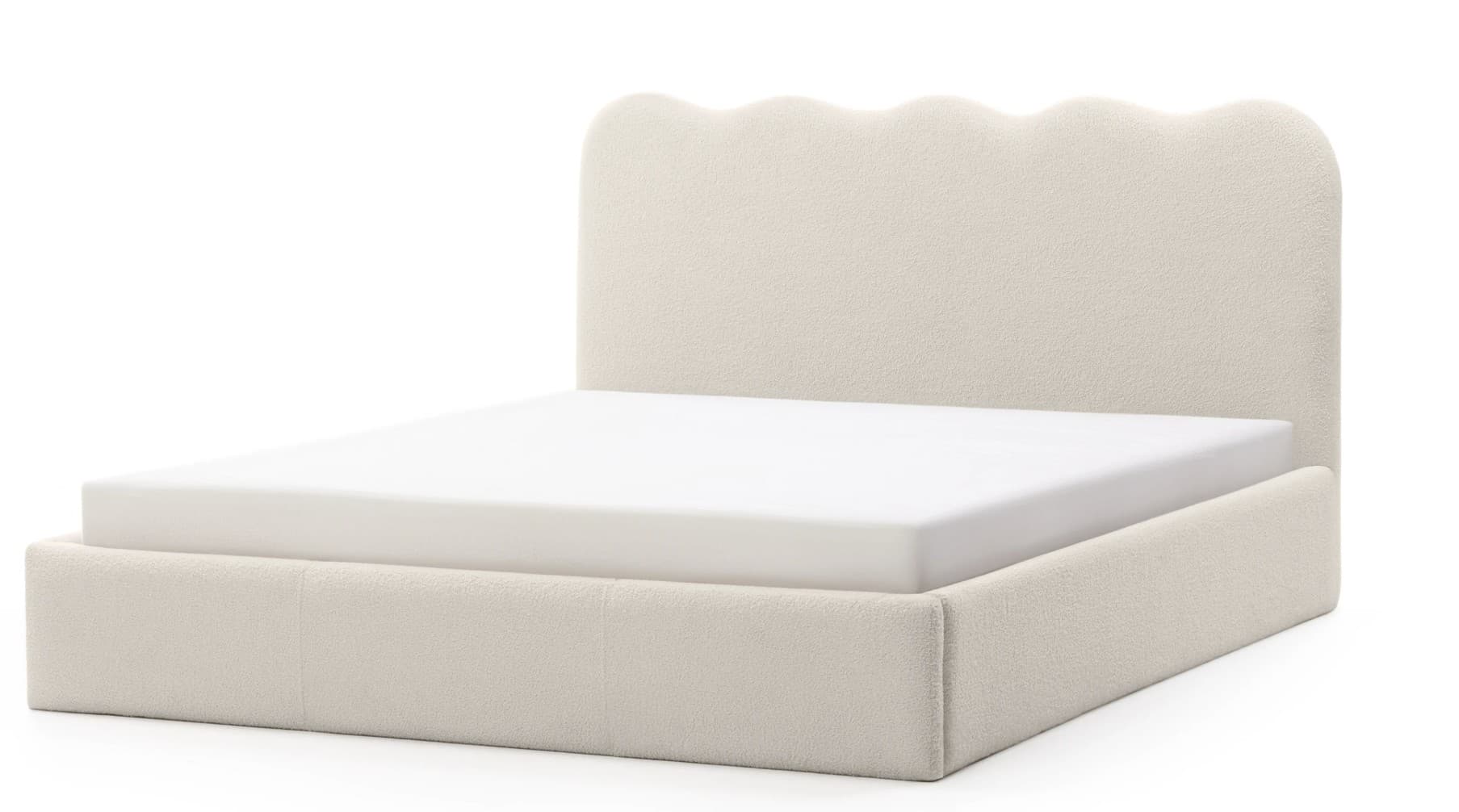 A modern upholstered platform bed featuring a distinctive scalloped headboard. The entire bed frame, including the headboard and side rails, is covered in a textured, off-white fabric, likely bouclé. The headboard presents a playful, undulating upper edge, and the mattress appears to sit recessed within the frame, indicating a platform design that does not require a box spring. The design is contemporary and minimalist, with concealed legs. — 3D model