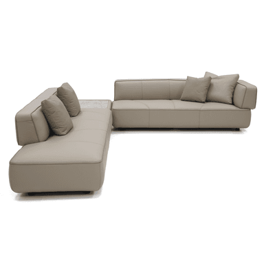 A contemporary sectional sofa with a chaise lounge. The sofa features a light beige or cream-colored upholstery with subtle stitching details creating a segmented appearance on the seating and back cushions. It includes two accent throw pillows in a similar neutral tone. A section of the sofa incorporates a light-colored, possibly marble or stone, tabletop integrated into its structure. The sofa is presented on a black background. — 3D model