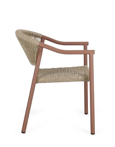This is a contemporary armchair featuring a powder-coated metal frame and woven rope seat and backrest. The frame is a reddish-brown (terracotta) color, while the woven elements are a natural beige. The backrest consists of vertical rope strands, and the seat is tightly woven in a grid pattern. It has sturdy cylindrical legs and integrated armrests. — 3D model