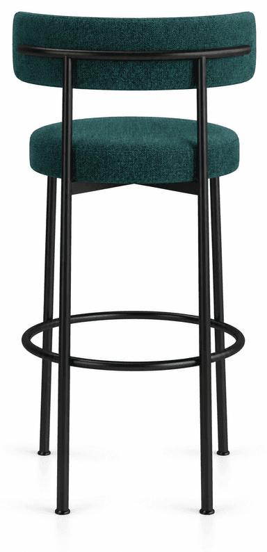 A modern bar stool seen from a top-down perspective, featuring a circular dark green upholstered seat and a distinctive semi-circular padded backrest, supported by a minimalist black metal frame. — 3D model