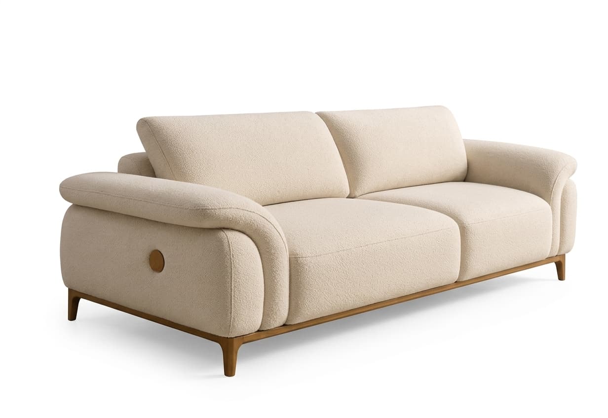 A modern two-seater sofa upholstered in a cream or off-white bouclé fabric, featuring rolled arms, plush back and seat cushions, and a visible wooden base with tapered legs. A distinctive circular wooden accent is present on the side of one armrest. — 3D model