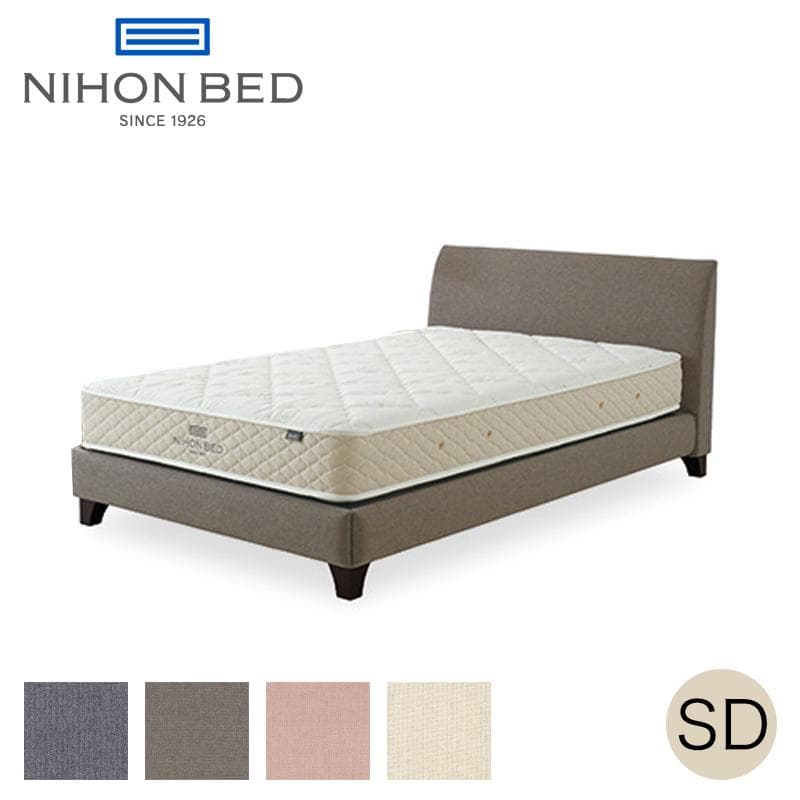 A modern upholstered bed frame with a headboard and a mattress. The frame is upholstered in a textured fabric and supported by four dark wooden legs. The mattress is white with a quilted pattern and appears to be a standard thickness. The branding 'NIHON BED SINCE 1926' is visible in the upper left corner. — 3D model