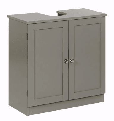 A gray two-door bathroom vanity cabinet base with a clean, contemporary design, featuring chrome round knobs and a curved cutout on its top surface designed to accommodate a sink. The cabinet sits on a recessed base. — 3D model