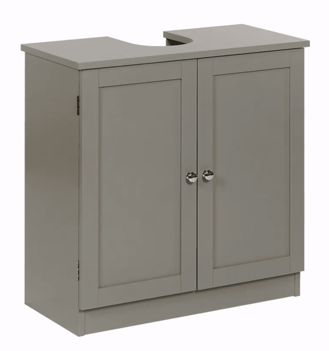 A gray two-door bathroom vanity cabinet base with a clean, contemporary design, featuring chrome round knobs and a curved cutout on its top surface designed to accommodate a sink. The cabinet sits on a recessed base. — 3D model