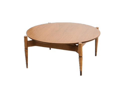 A round coffee table with a light brown wooden top and four tapered legs. The legs have a decorative band and brass-colored caps at the base. The table has a mid-century modern aesthetic. — 3D model
