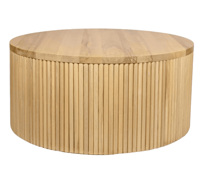 A cylindrical coffee table with a slatted wooden exterior and a solid wooden top. The exterior is composed of numerous vertical wooden dowels or rods tightly spaced together, forming a textured cylindrical body. The top surface is round and made of planks of wood joined together. — 3D model