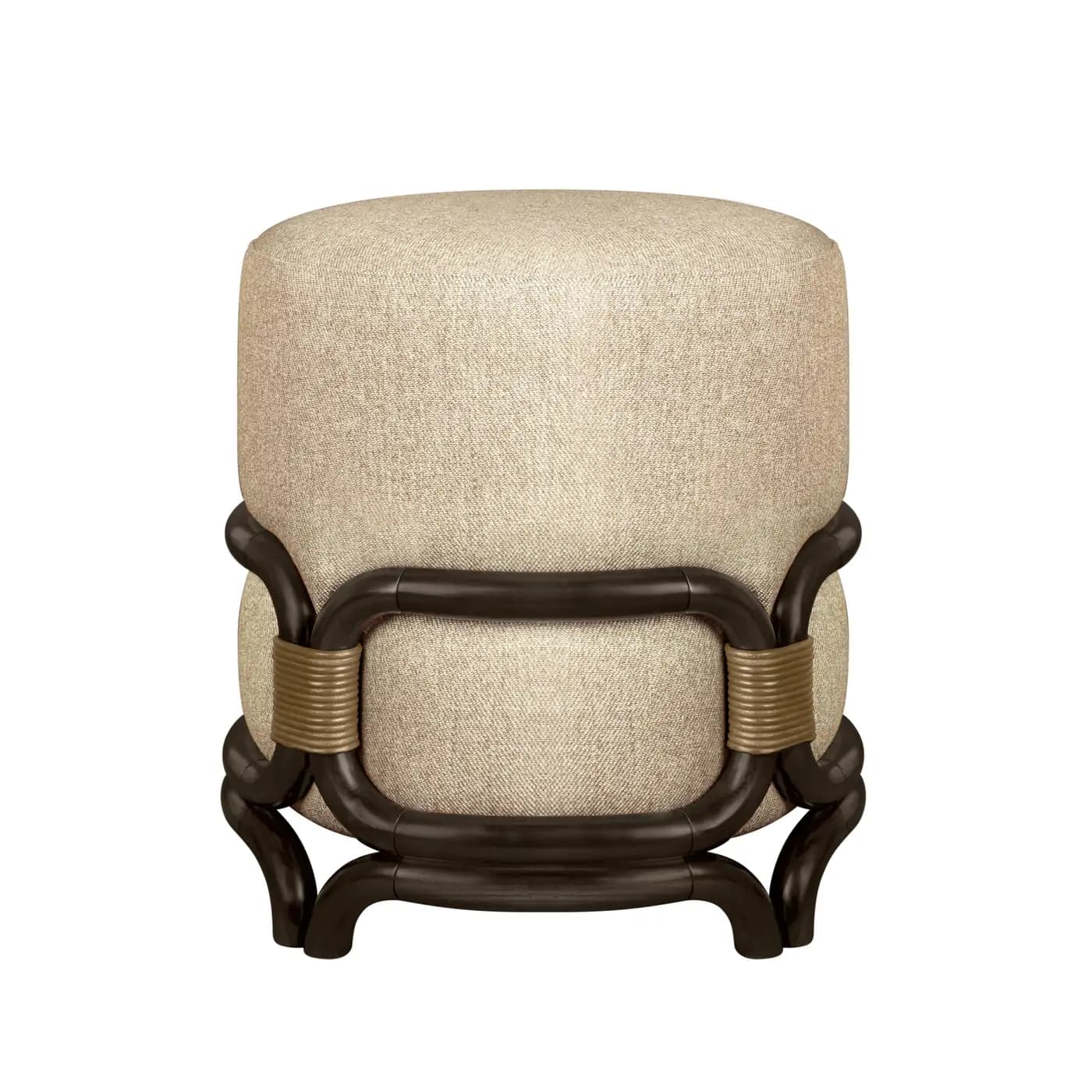 A cylindrical ottoman featuring a light-colored, textured fabric upholstery. The base is constructed with dark, curved wooden elements that form an open, decorative structure. Twisted, woven bands in a tan color encircle sections of the wooden frame, adding a contrasting texture and visual detail. — 3D model