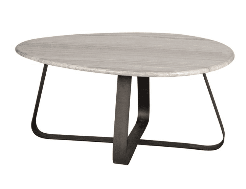 A coffee table with an irregularly shaped, oval or freeform top and a dark metal base. The top exhibits a stone-like pattern with grey and white veining. The base consists of curved metal legs forming an X-like structure at the bottom, connecting to a central support that joins the tabletop. — 3D model