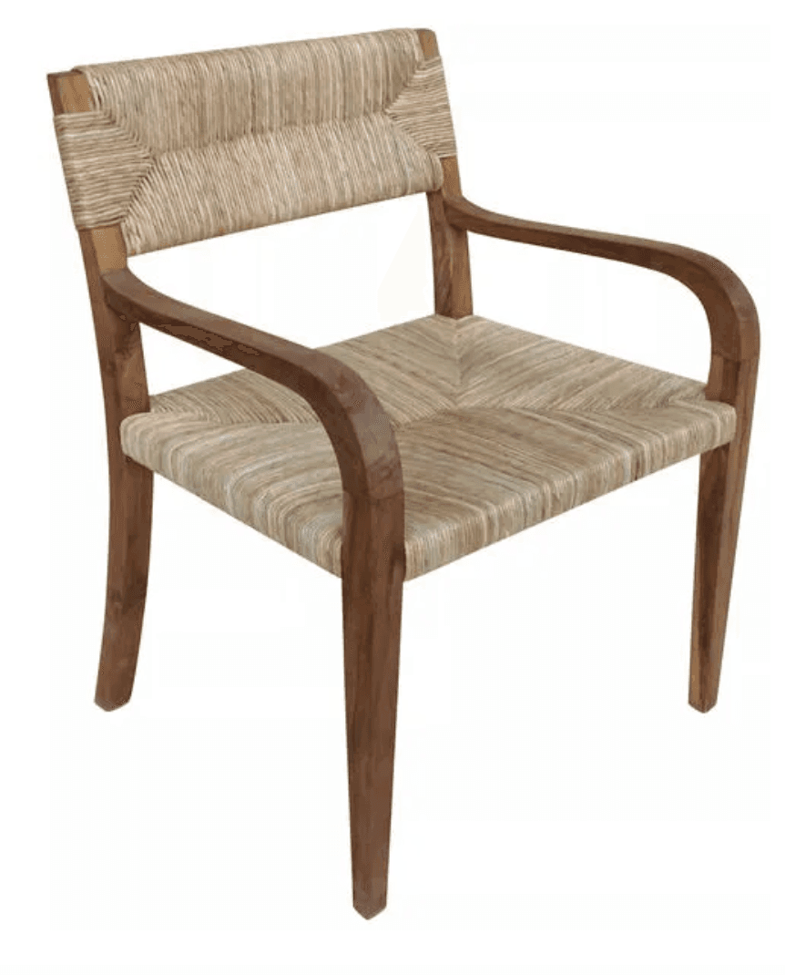 A wooden armchair with a woven seat and backrest. The frame is constructed from dark brown wood, exhibiting a natural grain pattern. The seat and back are made of tightly woven natural fibers, likely rush or seagrass, in a light beige to tan color. The armrests are curved and flow smoothly from the back supports to the front legs. The legs are straight and taper slightly towards the bottom. — 3D model