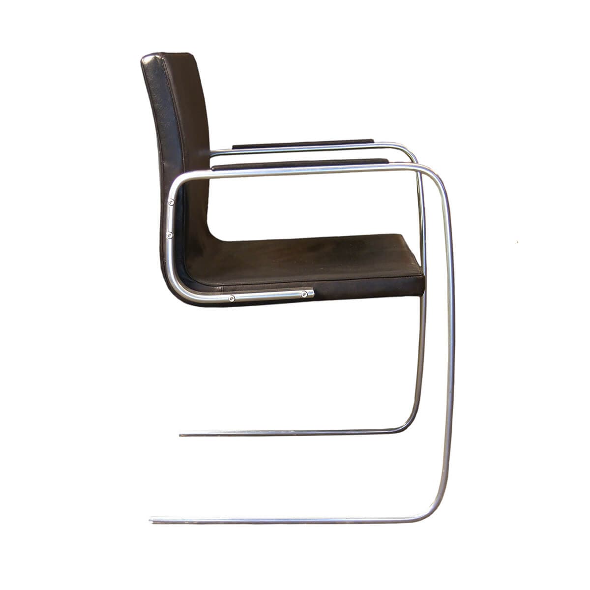 A cantilever armchair with a dark brown leather seat and backrest, supported by a tubular chrome-plated steel frame. The frame features a continuous curve for the legs and arms, creating a minimalist and modern aesthetic. — 3D model