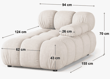 A contemporary chaise lounge featuring an innovative design with multiple rounded, pillow-like upholstered segments. The piece is finished in a light beige or off-white fabric, providing a plush and inviting aesthetic. It integrates a low backrest and a small armrest on one side, contributing to its modular appearance and ergonomic comfort. The chaise rests on discreet, low-profile feet. — 3D model