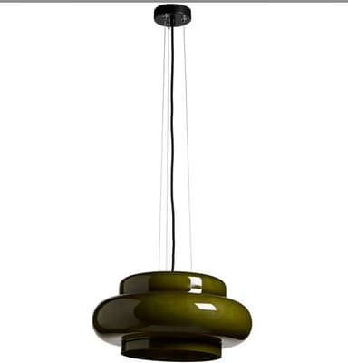 A striking dark green pendant lamp featuring a multi-tiered, rounded, and organic-shaped shade, suspended from a black ceiling canopy by a power cord and thin support wires. The glossy finish suggests a glass or high-quality plastic construction. — 3D model