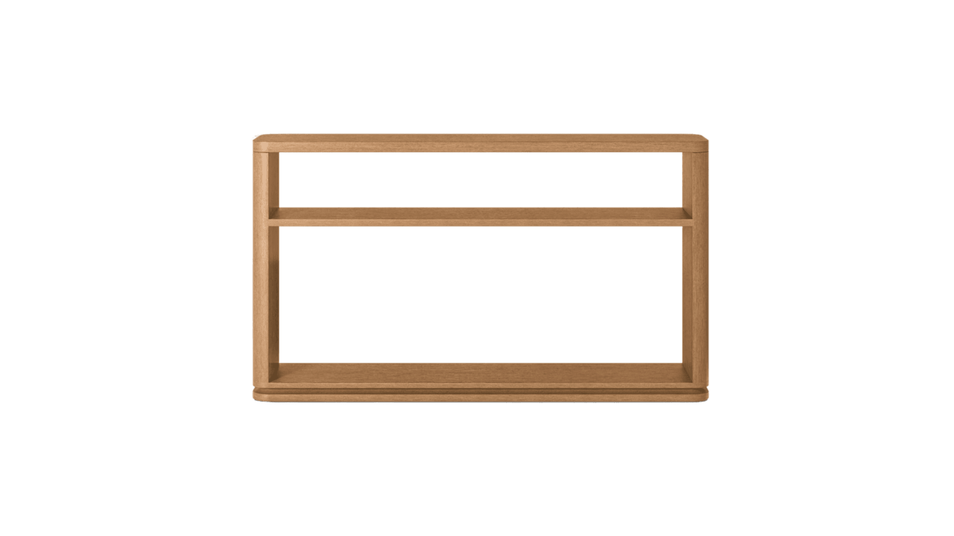 A wooden shelf unit with a minimalist design, featuring two horizontal shelves supported by vertical side panels. The unit has a light brown wood grain finish and rounded edges, suggesting a modern or Scandinavian aesthetic. The shelves appear to be of equal width and depth. — 3D model