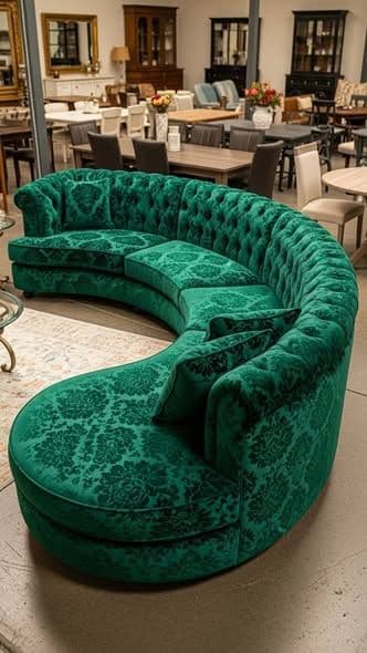 A luxurious, emerald green velvet sofa featuring a distinctive curved form and deep button tufting across its backrest and interior arms. The upholstery is adorned with a subtle damask pattern, adding to its opulent aesthetic. The sofa includes matching throw pillows, complementing its plush appearance. — 3D model