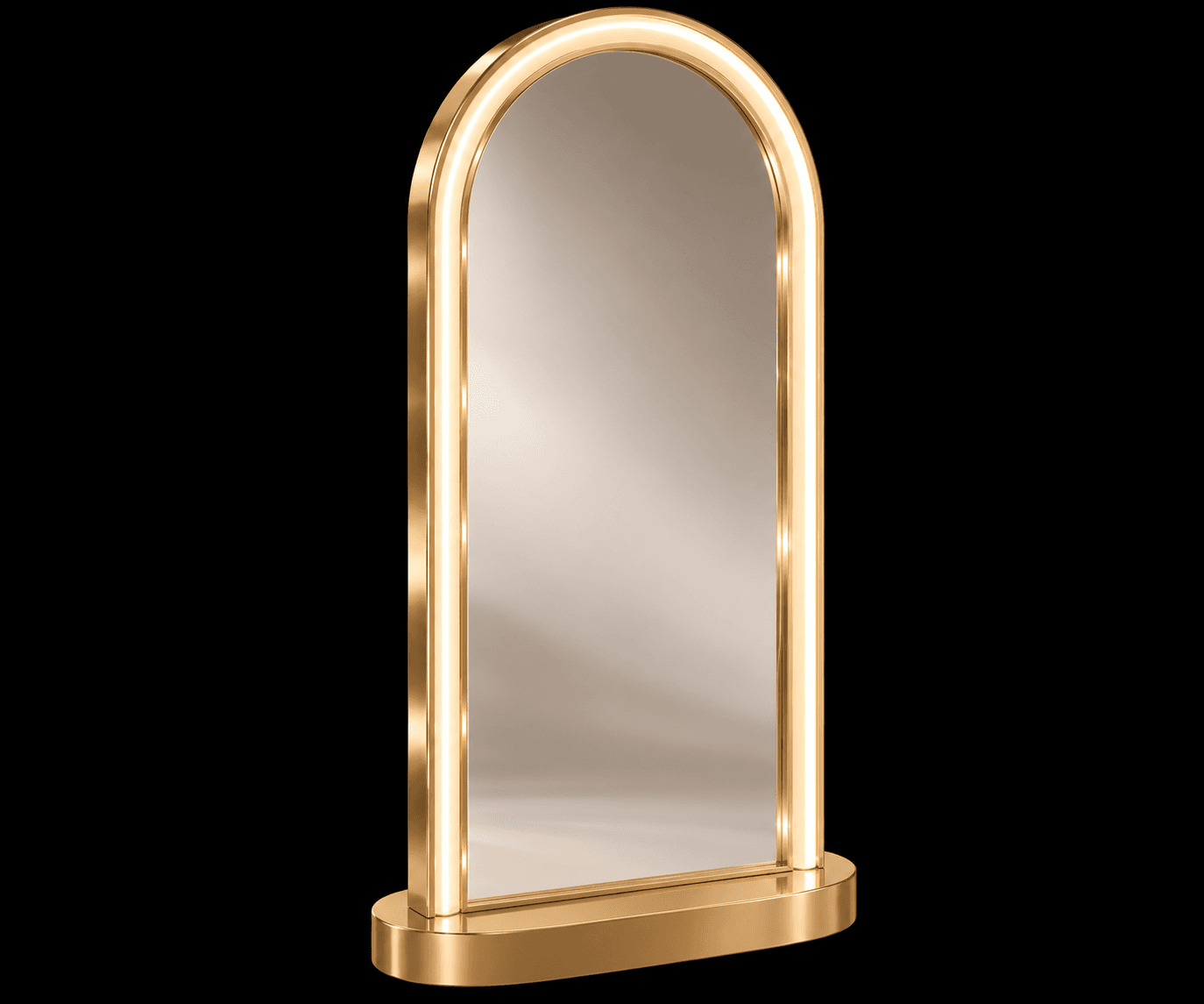 A tall, freestanding mirror featuring an arched top and a polished golden metallic frame. It includes integrated LED lighting strips along the vertical sides of the frame, providing soft illumination. The mirror rests on a sturdy, rectangular golden base. — 3D model